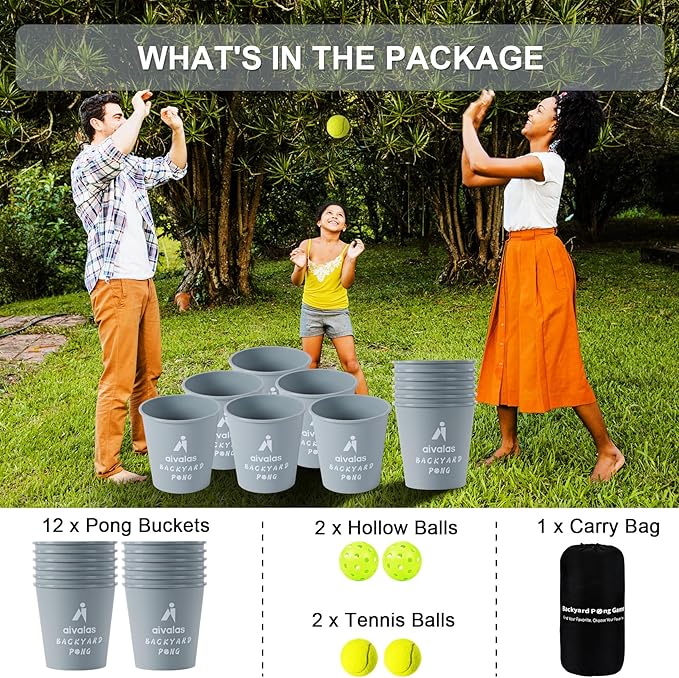 Aivalas Yard Pong Outdoor Games, Giant Yard Games Set with 12 Buckets and Balls for Adults and Family, Toss Game Throwing Games for Beach, Camping, Lawn and Backyard