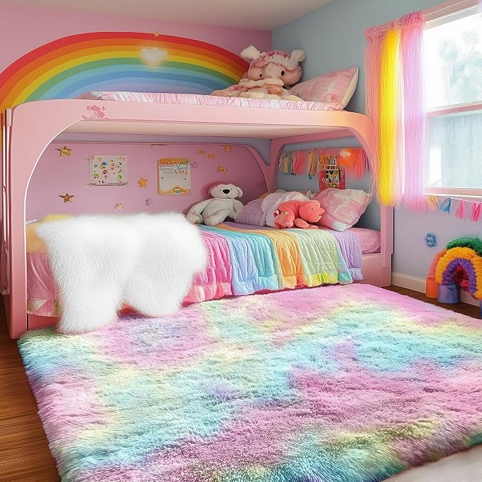 PAGISOFE 8x10 Rainbow Large Area Rug,Plush Rugs for Bedroom Girls,Shaggy Vibrant Carpet for Kids Room,Fuzzy Nursery Rug for Baby's Toddler's Room,Clorful Room Decor for Teenage Pastel Princess Rug