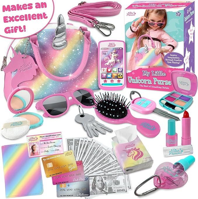 Play Purse for Little Girls and Toddlers - Unicorn Purse Toys for Kids Pretend Play Accessories: Phone, Wallet, Credit Cards, Keys, Pretend Makeup Unicorn Gift for Girl Age 3 4 5 6 7 8 Years and Up