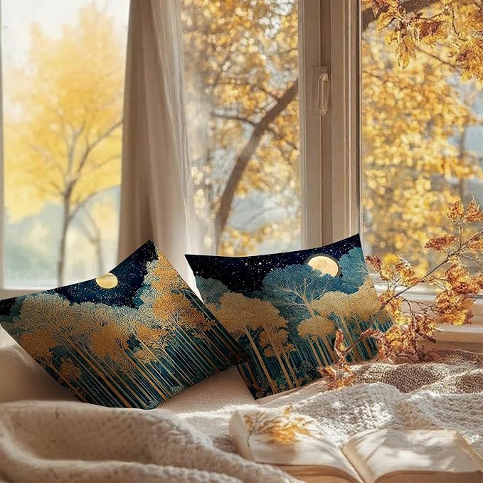 Rustic William Morris Inspired Gold Forest Moon Pillow Covers 18x18 Set of 2,Vintage Black and Gold Botanical Moon Nature Landscape Decorative Throw Pillow Covers for Home Bedroom Living Room