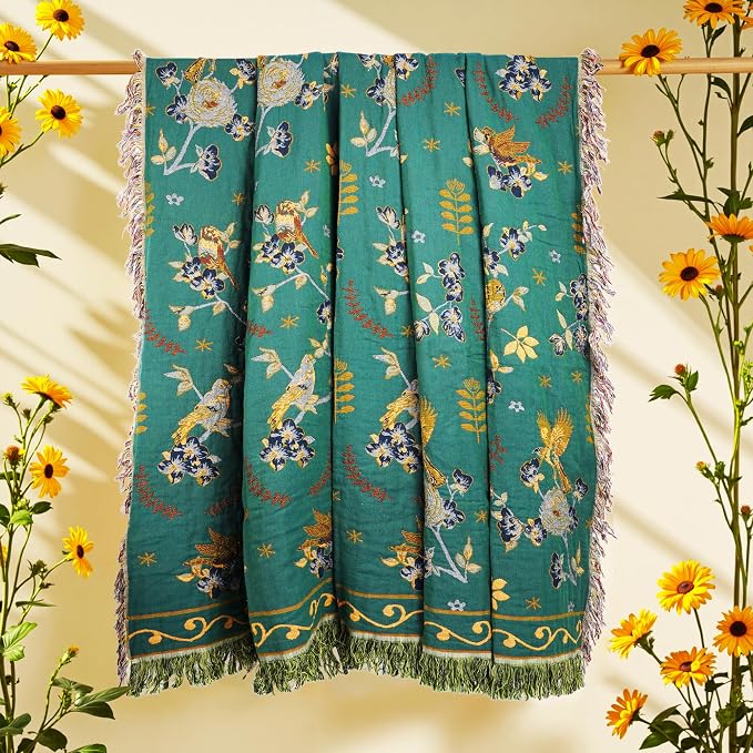 VANJOROY Boho 100% Organic Cotton Muslin Throw Blanket 50" x 60" - All Season Rustic Ultra Soft Breathable Floral Bird Blanket for Bed Sofa Couch Chair Bedspread Quilt Gift-Teal/Beige