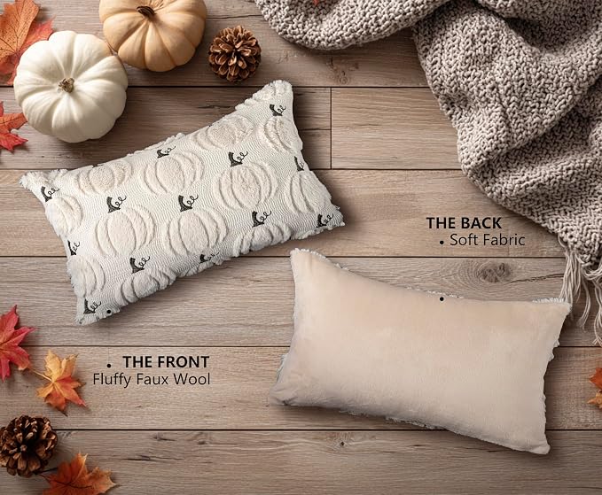 Fall Pumpkin Decorative Lumbar Pillow Covers 12x20 Set of 2, Beige Soft Plush Faux Fur Wool Farmhouse Throw Cushion Cases for Autumn Thanksgiving Holiday Home Decorations