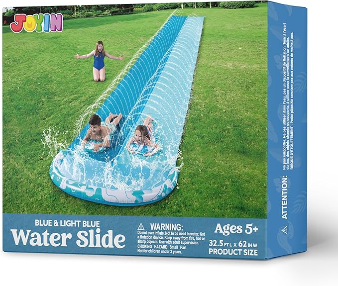 JOYIN 32.5FT Water Slide and 2 Inflatable Boards, Extra Long Heavy Duty Double Lawn Waterslide with Sprinkler for Kids Adults Backyard Summer Water Toy Outdoor Fun, Blue, Light Blue