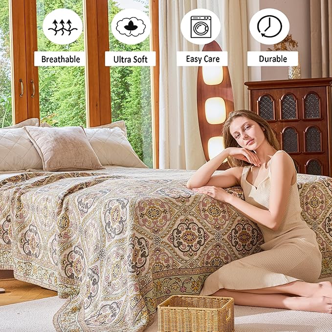 VANJOROY Boho Throw Blanket, 100% Organic Cotton Breathable Ultra Soft 91" x 108" King Bed Quilt Throw - All Season Floral Rustic Farmhouse Decor Luxury Blanket for Sofa Couch Chair and Gift