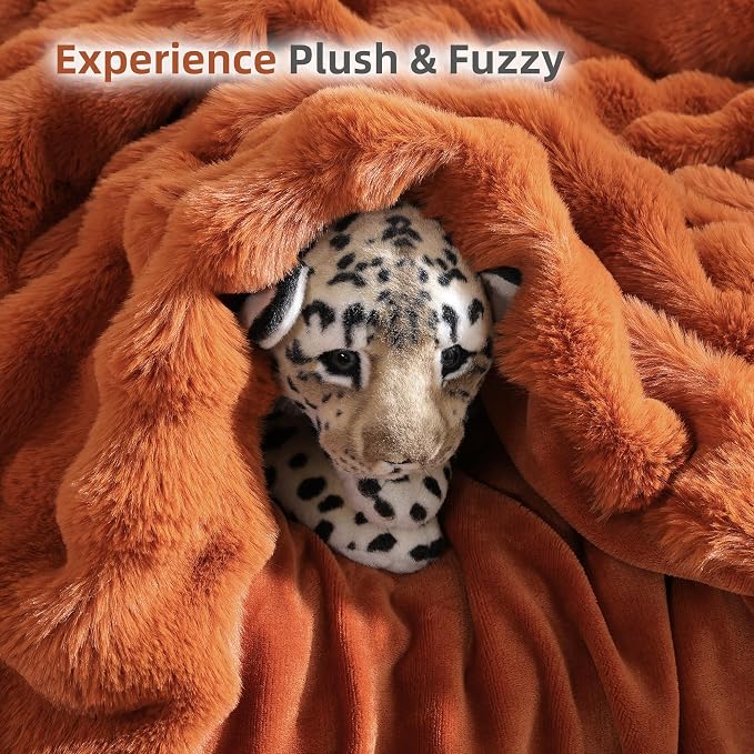 Faux Fur Fall Throw for Couch - Burnt Orange Bubble Blanket 50"x60" | Fluffy Plush Fuzzy Throw for Sofa & Bed, Super Soft Cozy Comfrt Blanket, Luxury Aesthetic Burnt Orange Decor Gift for Women
