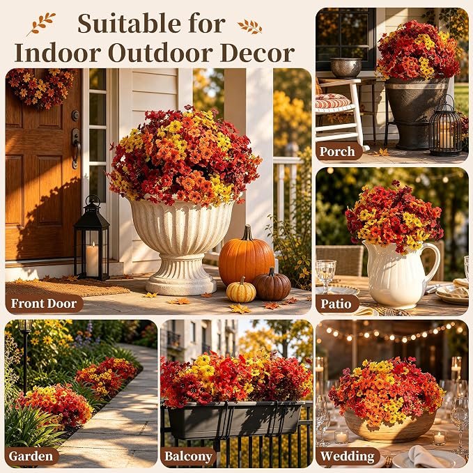 ColoPlay 20 PCS Artificial Mums for Outdoors Faux Flowers Eucalyptus Leaves | Artificial Mums for Outdoors/Indoors Fake Plants Eucalyptus Leaves, Fall Flowers for Decor Planters Boxwood Garden Porch Home