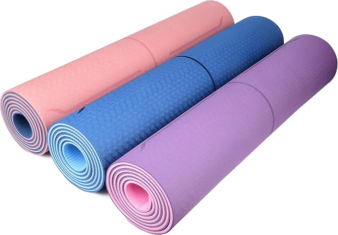 YOGATIยฎ Yoga Mat with Strap with Alignment Lines. Home Workout Mat for Women, Men and Kids. Thick Non Slip Yoga Mat for Pilates and Fitness. Brown, Pink and Purple Yoga Mats