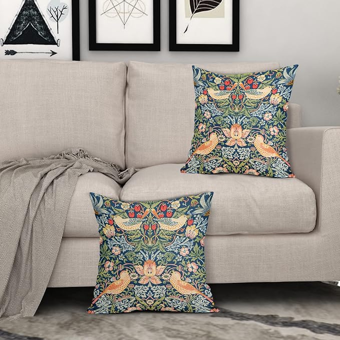 Chinoiserie Blue Sage Green Teal Pimpernel Pillow Covers 20X20 in Set of 2 Colorful Floral Bird Red Strawberry Pillow Cases Vintage Flower Throw Pillowcases Home Decor