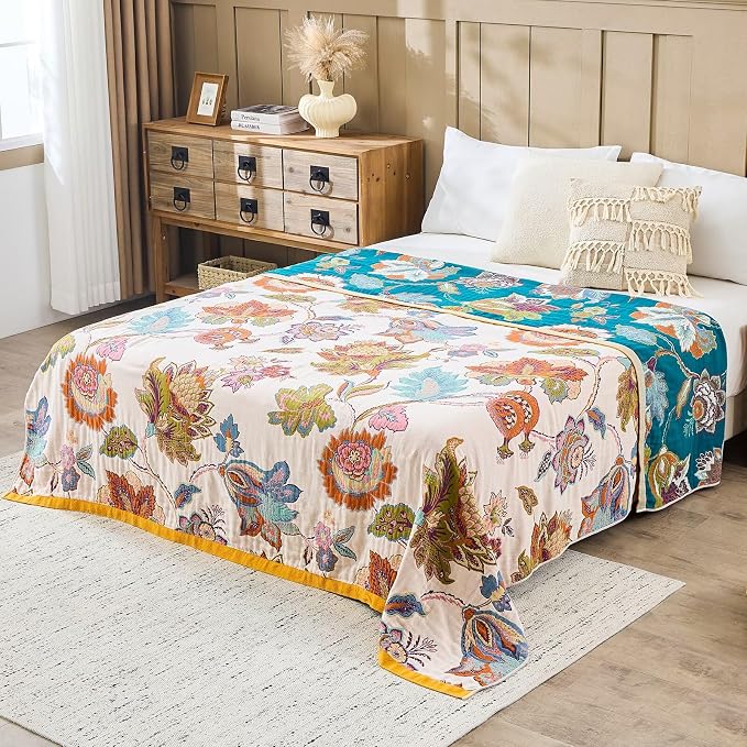 XIBLC Boho Throw Blanket 100% Cotton Vintage Blanket Muslin Woven Flower Decorative Throw Blankets All Season Bohemian Rustic Farmhouse Decor Quilt for Bed (Beige 50"x60")