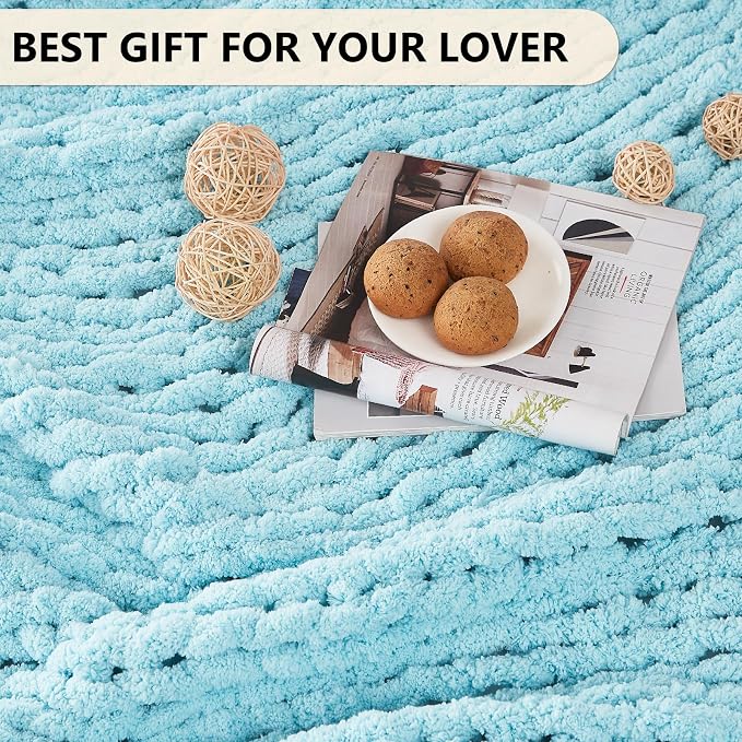L'AGRATY Chunky Knit Throw Blanket for Couch, 80 x 90 Inches, Light Blue | Handmade Chenille Crochet Blanket for Sofa Bed, Thick Cable Knitted Blankets for Room Home Decor, Birthday Gift for Women Mom