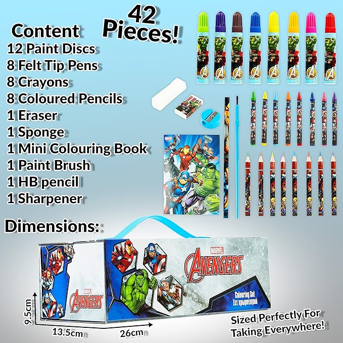 Marvel Art Case for Kids with Colored Pencils Markers Crayons Watercolors Drawing Supplies Travel Art Kit Gifts for Kids (Multicolor Avengers)