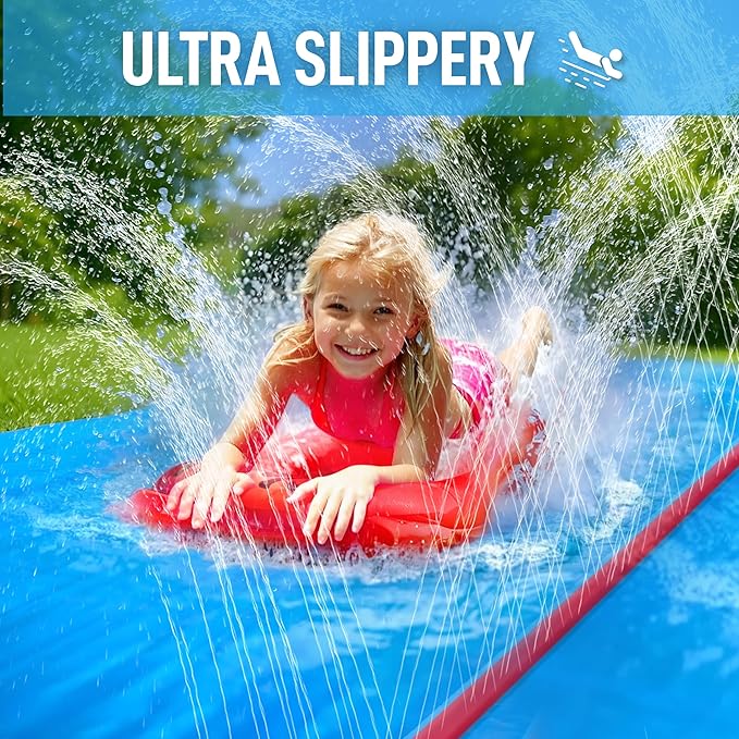JAMBO 40FT Mega Slip Splash and Slide with 2 Bodyboards | Water Slide Waterslide Backyard Outdoor Water Toys for Kids with Sprinklers | Outdoor Splash Mat Splash Pad, Double Lane Summer Toy