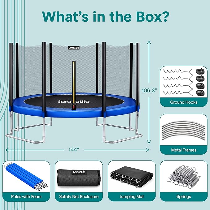 SereneLife Trampoline Outdoor 8FT 10FT 12FT 14FT with Enclosure Net, Ladder and Anti-Rust Coating - ASTM Approved Recreational Trampolines - Heavy Duty Yard Trampolines for Kids and Adults