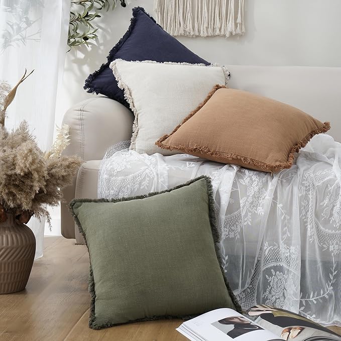 Foindtower Set of 2 Decorative Linen Fringe Throw Pillow Covers Cozy Boho Farmhouse Cushion Cover with Tassels Soft Accent Pillowcase for Couch Sofa Bed Living Room Home Decor, 24×24 Inch, Olive Green