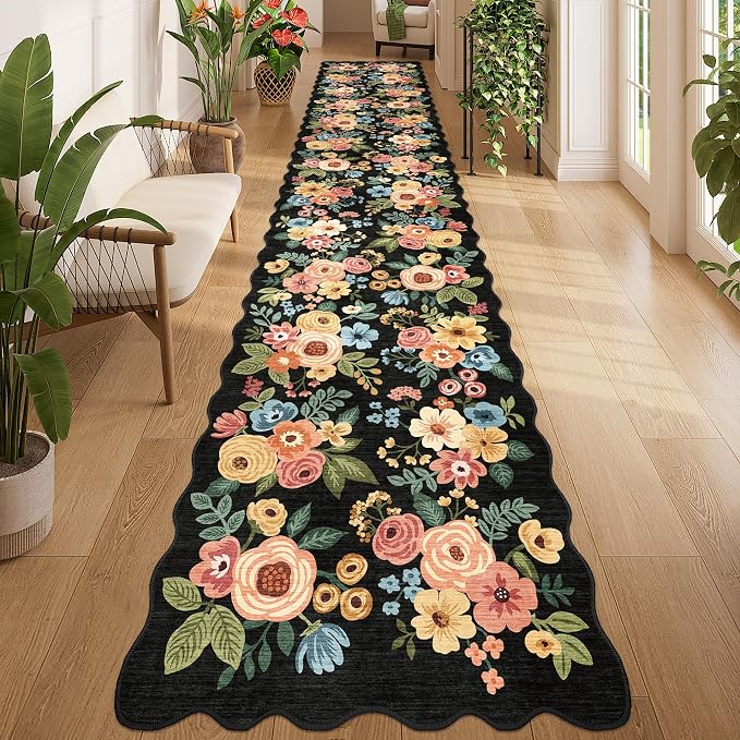 DUKINO 2.6x14 Runner Rug, Floral Washable Rug for Hallway Non Slip, Black | Soft, Low Pile, Non-Shedding Long Runner Rugs for Kitchen, Entryway, Bedroom, Bathroom, Pet Friendly, Home Decor, Ultra-Thin