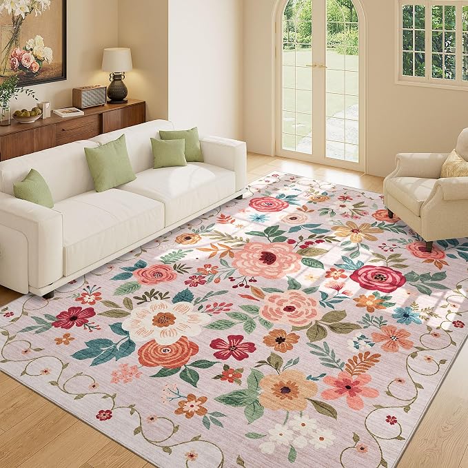 DUKINO 5x7 Area Rugs, Floral Washable Rug for Living Room Non Slip, Beige | Soft, Low Pile, Stain Resistant Indoor Rug for Bedroom, Dining Room, Office, Pet Friendly, Lightweight, Modern Home Decor
