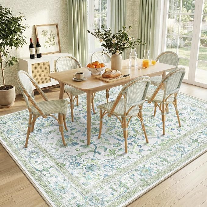 CAPALOCA 7x9 Washable Nursery Girls Low Pile Area Rug Green Blue | Non-Slip Soft Rugs for Bedroom Kids Playroom Living Room, Print Pattern Water Repellent Carpet Indoor Decor