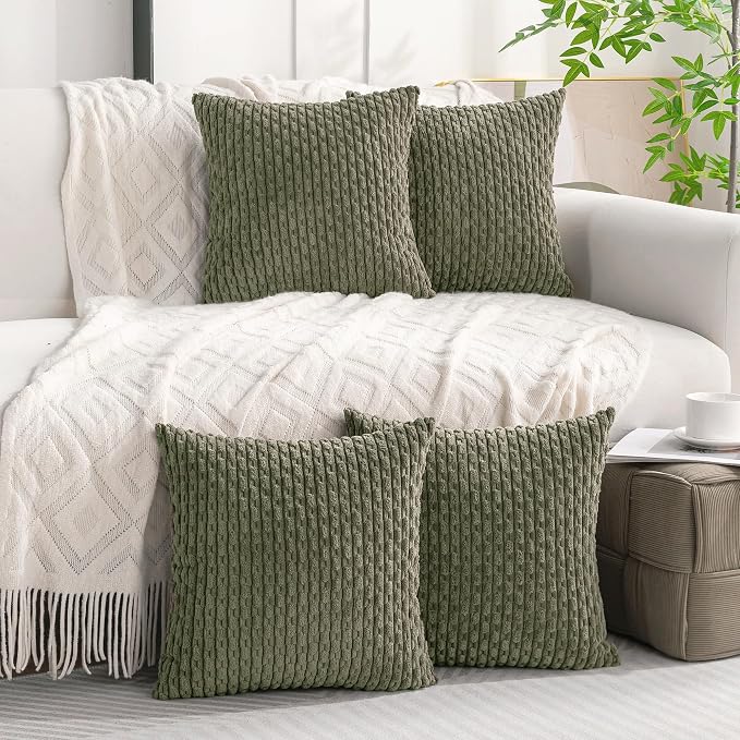 Set of 4 Olive Green Decorative Throw Pillow Covers 18x18 Inch Corduroy Pillow Covers for Bed Couch Sofa Living Room Soft Square Cushion Cases