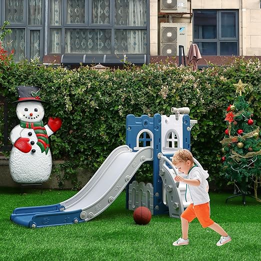 6 in 1 Toddler Slide for Toddler&Kids,Kids Climber Slider for Indoor Outdoor Playground with Storage,Telescope,Basketball Hoop and L Shaped Slide for Toddler Climber Playset,Blue