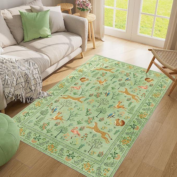 DUKINO 4x6 Area Rug, Non Slip Animal Washable Living Room Rug, Light Green | Soft, Low Pile, Stain Resistant Indoor Carpet for Bedroom, Dining Room, Nursery, Farmhouse, Pet Friendly, Non-Shedding