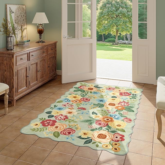 DUKINO 3x5 Area Rugs, Non Slip Floral Washable Rug for Bedroom, Green | Soft, Low Pile, Non-Shedding Throw Rugs for Living Room, Entryway, Kitchen, Kids Room, Pet Friendly, Home Decor, Lightweight