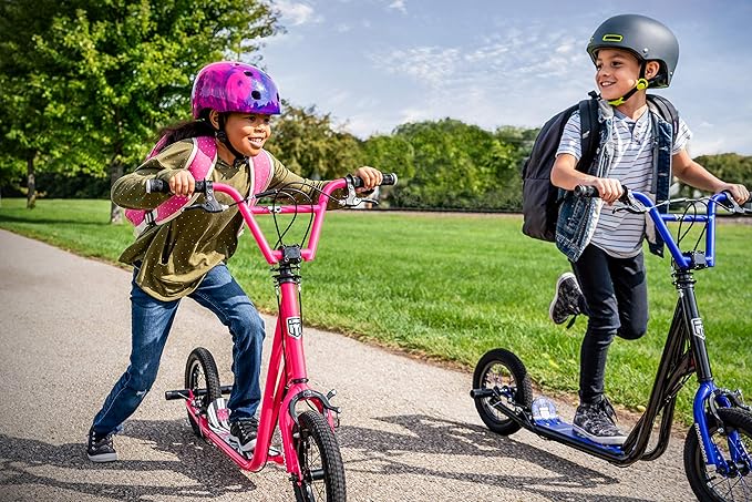 Mongoose Expo Kick Scooter, BMX-Style Handlebar & Brake Cable Rotor, Wide Foot Deck for Kids Youth Boys Girls Ages 6 and Up, Rear Axle Pegs, 12-Inch Air Tires, and Max. Weight of 175 lbs.