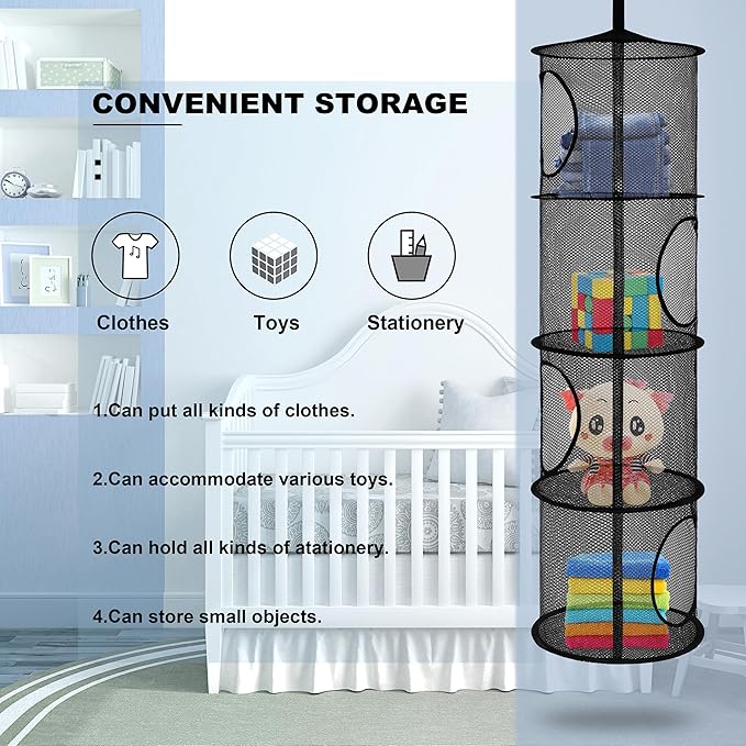 3Pcs Hanging Mesh Space Saver Bags Organizer, Foldable Storage Organizer 4 Compartments Toy Storage Organizer for Kid Room Toys, Gloves,Hats,Socks Storage (Black)