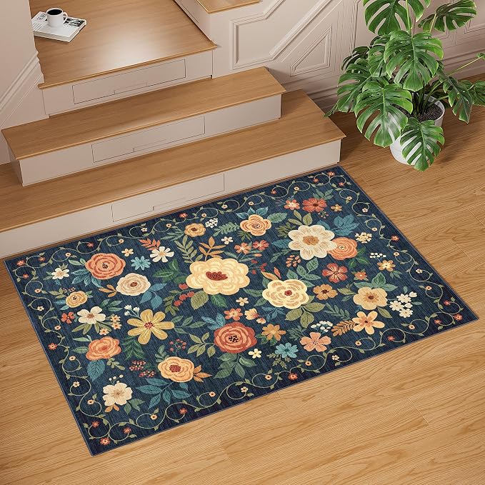 DUKINO 2x3 Entryway Rug, Door Mat Soft Washable Rug Non Slip, Navy Blue | Low Pile, Non-Shedding, Floral Small Rug for Kitchen, Entrance, Bedroom, Bathroom, Pet Friendly, Stain Resistant, Home Decor