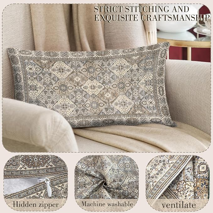 Boho Floral Throw Pillow Covers 12x20 inch Set of 2,Boho Rug Geometric Floral Pattern Decor Double Sided Pattern Cushion Cover Soft Pillow Case Living Sofa Room Bed Square Pillow Cover