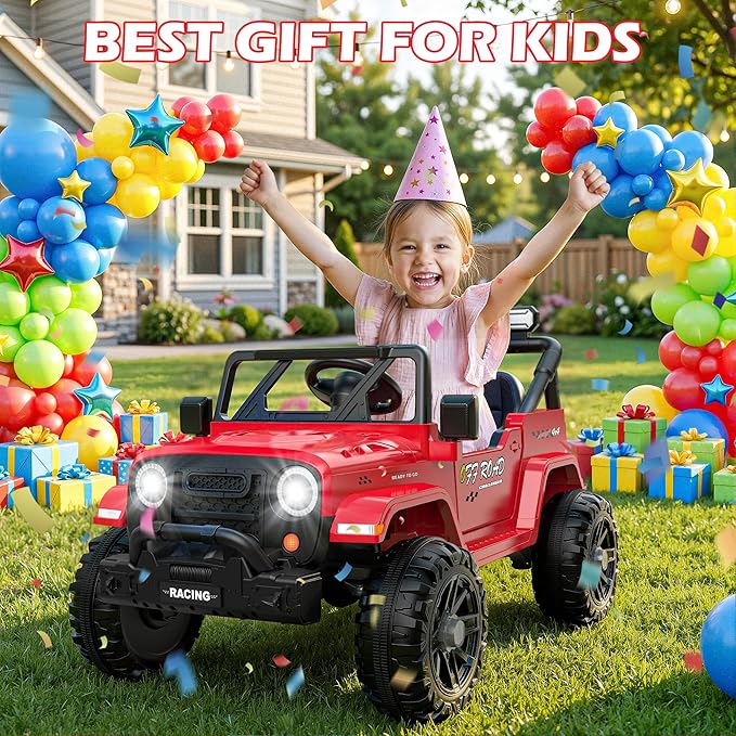 ARBELI 12V Ride On Truck Car with Remote Control, Kids Electric Vehicles with Bluetooth Music, Horn, 3 Speeds, 4 LED Lights, Soft Start, Ride on Toys for Toddler Boys & Girls (Red)