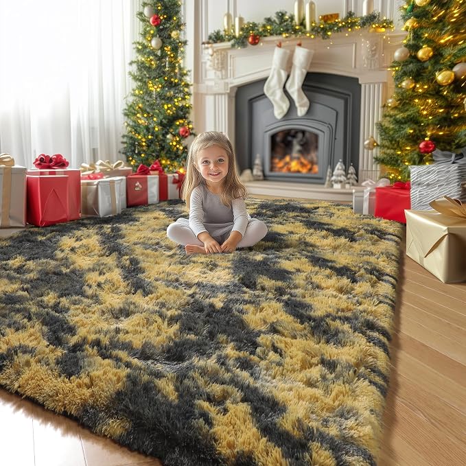 Amdrebio Black Gold Grey Fluffy Area Rug 5x7 for Bedroom Living Room Dorm | Fuzzy Plush Fuzzy Mustard Yellow Leopard Cheetah Carpet, Classroom Men Cave Bedside Office Playroom Decor, Baby Kids Corner