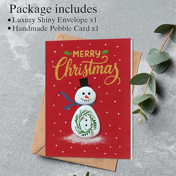 Handmade Snowman Christmas Greeting โ Pebble Art Holiday Design with Envelope โ Small Happy Holidays Mini, Winter-Themed Stationery, Unique Handmade Gift for Christmas