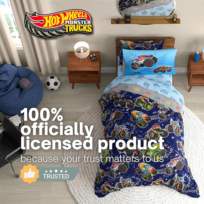 Monster Trucks x Hot Wheels Bedding Set, Full Size 7 Piece Set Kids Super Soft Cozy Reversible Comforter and Sheet Set with Sham, (100% Officially Licensed Product) by Franco