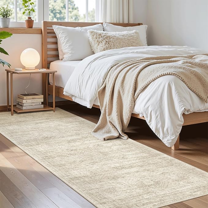 Soalmost Washable Runner Rug 2'6"x8' Kitchen Hallway Runners Beige | Soft Non-Slip 2.5x8ft Carpet for Entryway Bathroom, Low Pile Vintage Foldable Floor Mat for Corridor Laundry Room Bedroom