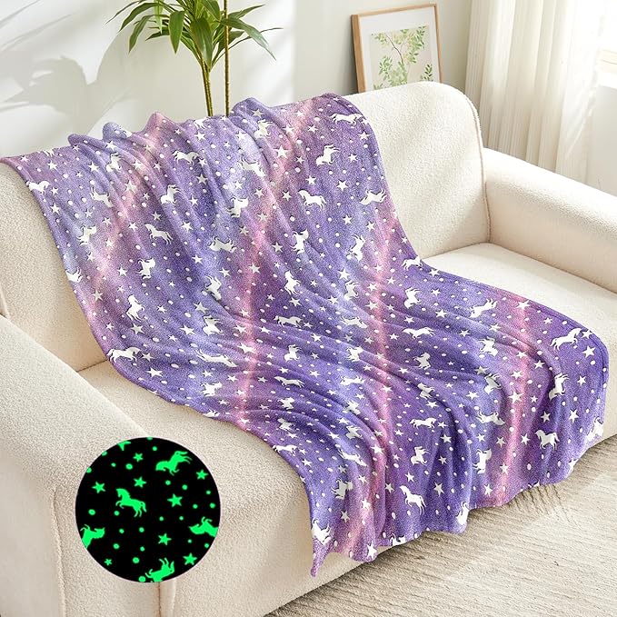 Wajade Unicorn Gifts Toys for Girls - Glow in The Dark Unicorn Blanket Birthday Christmas Decor for Kids Age 3 4 5 6 7 8 9 10 11 12 Years Old Teens Child Toddler Throw Purple 60"x80"