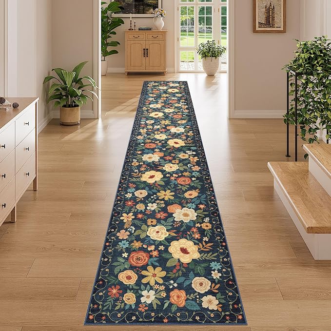DUKINO 2x12 Washable Runner Rug, Non Slip Long Kitchen Rugs, Navy Blue | Floral, Low Pile, Soft Indoor Rug Runner for Hallway, Entryway, Bedroom, Bathroom, Laundry, Pet Friendly, Modern Home Decor