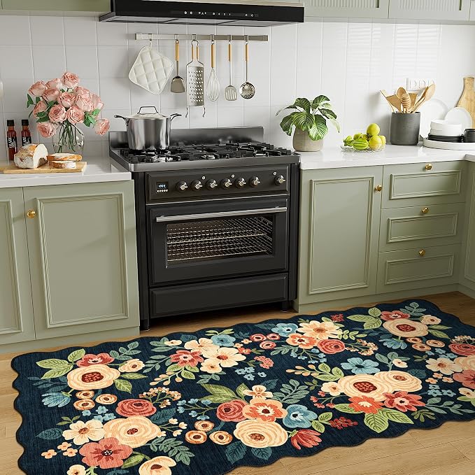 DUKINO 3x6 Hallway Runner Rug, Washable Kitchen Rug Non Slip, Navy Blue | Low Pile, Stain Resistant, Soft Floral Throw Rugs for Entryway, Bedroom, Bathroom, Laundry, Pet Friendly, Modern Home Decor