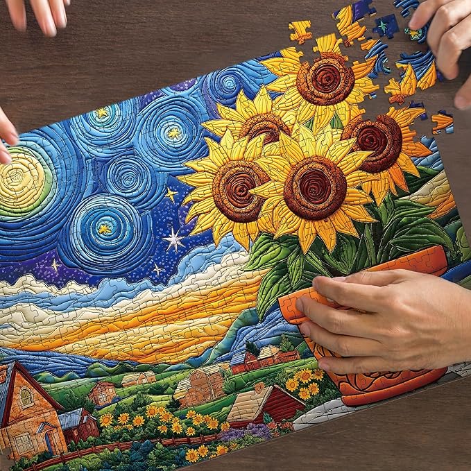 Puzzles for Adults 500 Pieces, Sunflower Puzzle Jigsaw Puzzles 500 Pieces - Starry Sunflower, Impossible Starry Night Puzzle, Finished Size 20.47 * 14.96”, with 1:1 Poster, Letter on The Back