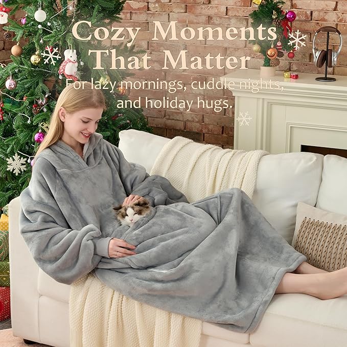 Krifey Big & Tall Wearable Blanket Hoodie with Cat Pocket, Extra Long Oversized Fleece Blanket for Adults, Cozy Birthday Gifts, Christmas Gifts