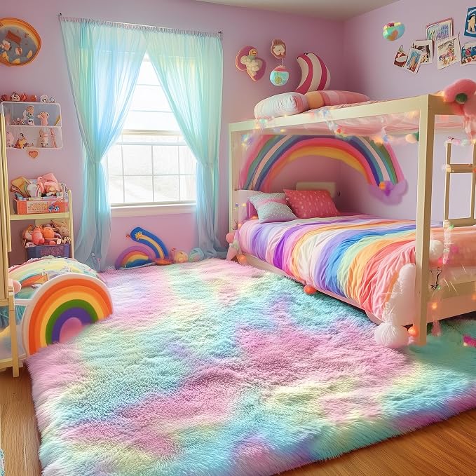 PAGISOFE 4x6 Rainbow Fluffy Soft Plush Area Rugs for Girls Bedroom, Shaggy Vibrant Rugs for Kids Playroom,Kawaii Princess Fuzzy Rugs for Nursery Baby Toddler,Cute Colorful Room Decor for Teenage