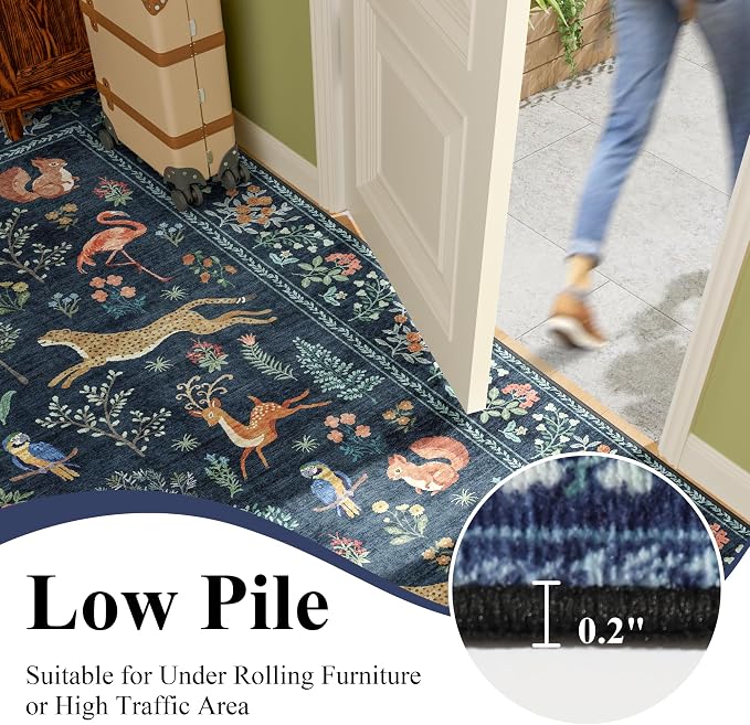 DUKINO 3x10 Washable Runner Rug, Non Slip Animal Rug for Hallway, Navy Blue | Low Pile, Stain Resistant, Soft Thin Indoor Rug Runner for Kitchen, Entryway, Bedroom, Bathroom, Pet Friendly, Non-Shedding