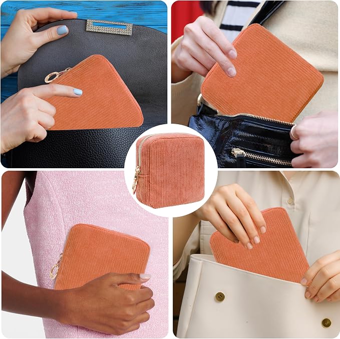 Period Bag for Girls, Corduroy Sanitary Napkin Storage Bag, Period Pouch & Tampon Holder, Feminine Care Organizer(Orange)