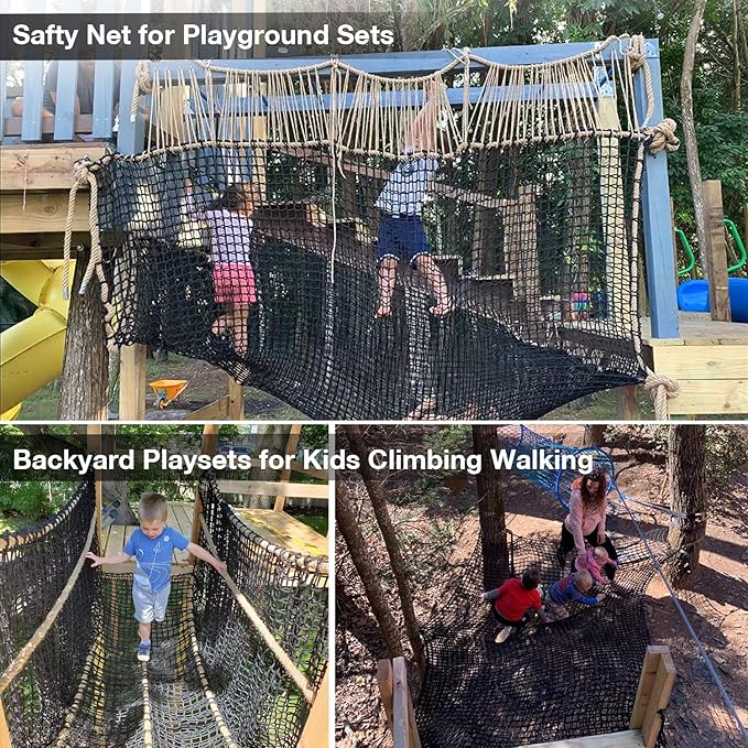 Jalunth Kids Playground Play Safety Net - Climbing Cargo Net Treehouse Accessories Outdoor Equipment Set Double Layers Heavy Duty Backyard Net Bridge for Tree House Tree Fort Back Yard (9.8' x 9.8')