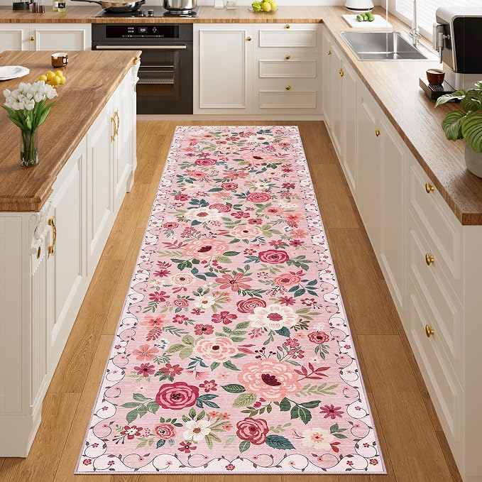 DUKINO 2.6x10 Runner Rug for Hallway, Washable Kitchen Rugs Non Slip, Pink | Soft, Low Pile, Floral Indoor Floor Rug Runner for Entryway, Bedroom, Bathroom, Laundry, Pet Friendly, Home Decor, Ultra-Thin