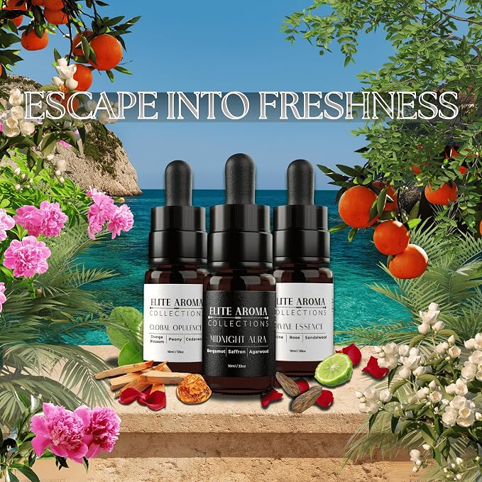 Elite Hotel Fragrance Oils Gift Set (3 Pack) - Midnight Aura, Divine Essence, Global Opulence - Luxury Hotel Scents for Diffusers & Aromatherapy - 0.3