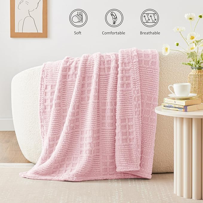 EXQ Home Fleece Throw Blanket for Couch or Bed - 3D Waffle Patchwork Pattern Jacquard Decorative Blankets - Cozy Soft Fuzzy Flannel Blanket Suitable for All Seasons(50"×60",Pink)