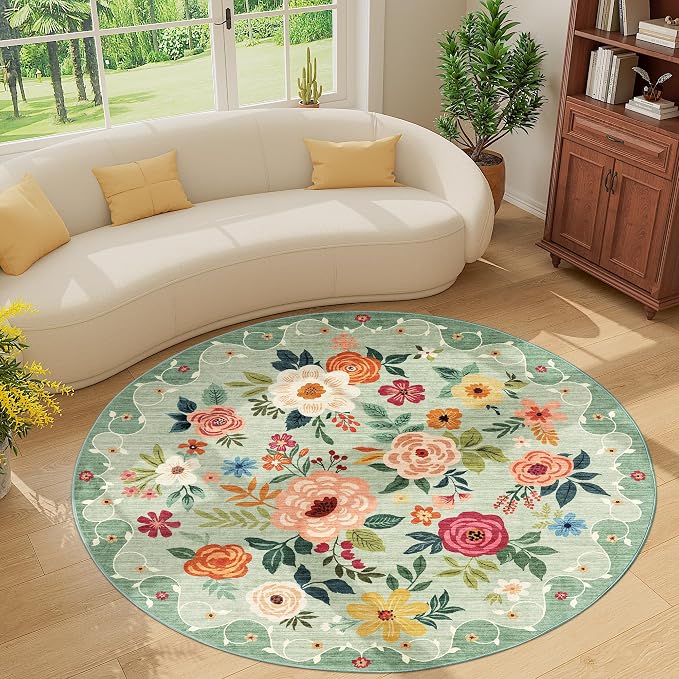 DUKINO 6ft Round Rug, Soft Washable Circle Rug for Bedroom Non Slip, Green | Low Pile, Stain Resistant Indoor Rug for Living Room, Dining Room, Kids Room, Office, Pet Friendly, Home Decor, Non-Shedding