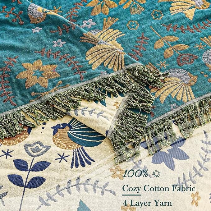 XIBLC Boho Throw Blanket, 100% Cotton Ultra Soft Luxury Throw Rustic Quilt, 60"x80" Floral Printed Farmhouse Decor Bed Summer Blankets, All Season Rustic Reversible Bohemian Throw for Bed - Blue