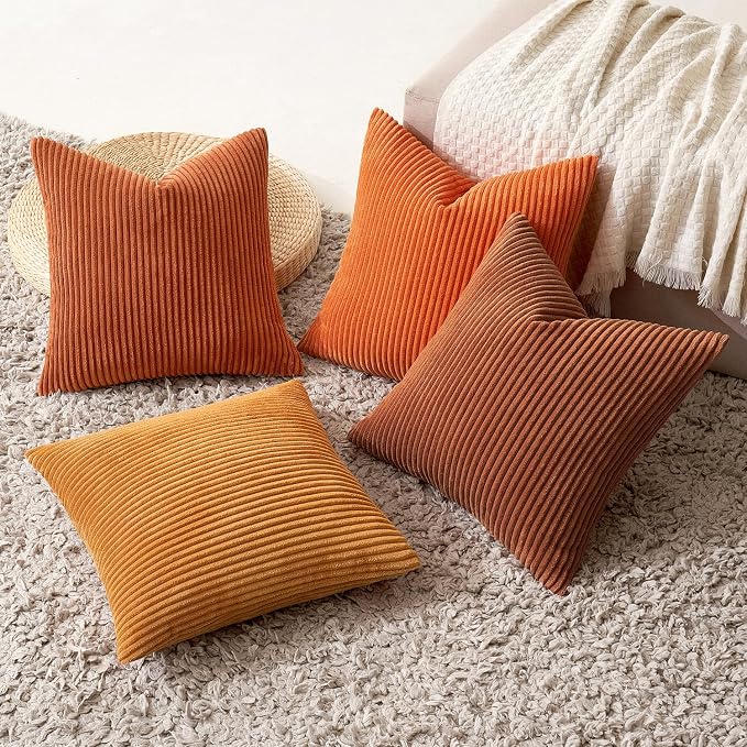 MIULEE Fall Corduroy Decorative Throw Pillow Covers Orange Rust 18x18 | Set of 4, Vintage Retro Fall Decor, Autumn Harvest Collection, Boho Farmhouse Cushion Covers for Couch Bed Sofa Living Room