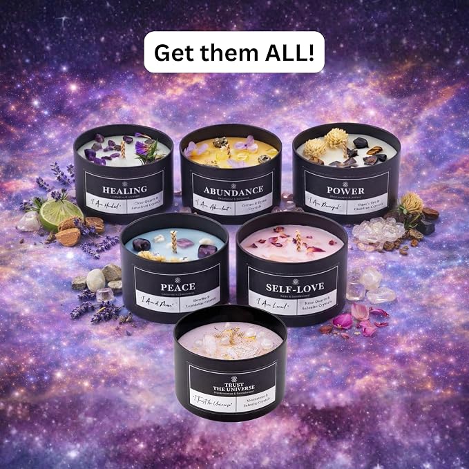 Abundance Crystal Candle – Citrine & Pyrite Crystals for Wealth & Success. Infused Cedarwood & Bergamot Scented Manifestation Candle with Gold Leaf & Hydrangea. Spiritual Gifts for Women